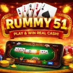 Rummy 51 game app interface showing cards, chips and bonus offers for rummy 51 apps and real money gameplay