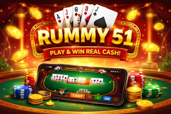 Rummy 51 game app interface showing cards, chips and bonus offers for rummy 51 apps and real money gameplay