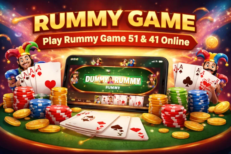 Rummy game apps online banner showing rummy game 51 and rummy game 41 with cards, chips and mobile gameplay