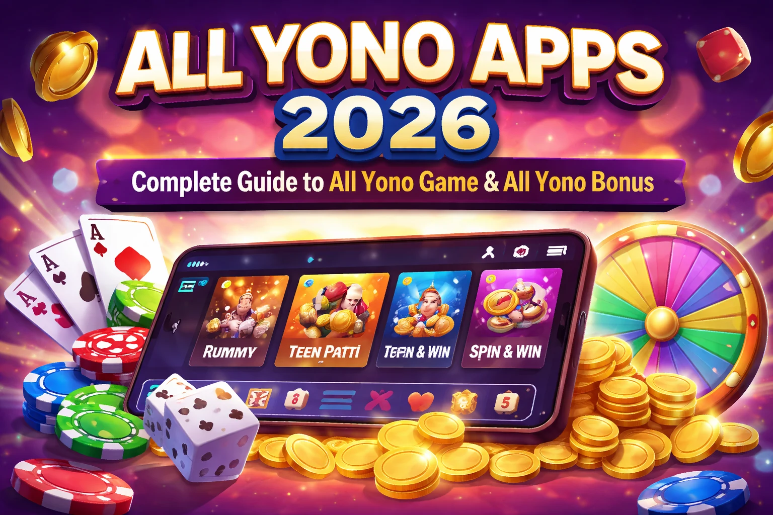 All Yono Apps 2026 guide showing Yono game options, rummy, Teen Patti, and spin win bonus features