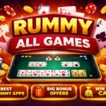 Rummy all games banner showing mobile gameplay, playing cards, chips and bonus offers for best rummy apps and real cash rewards
