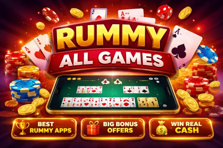 Rummy all games banner showing mobile gameplay, playing cards, chips and bonus offers for best rummy apps and real cash rewards