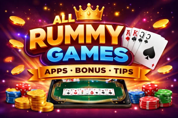 All rummy games apps banner showing cards, chips, and bonus offers for online rummy gameplay