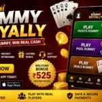 Rummy Royally app interface showing bonus offer, play online rummy game and win real cash with secure gameplay