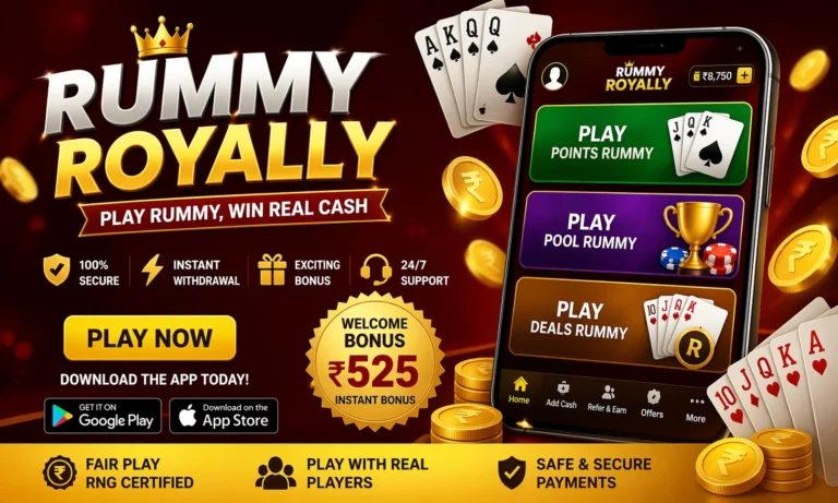 Rummy Royally app interface showing bonus offer, play online rummy game and win real cash with secure gameplay