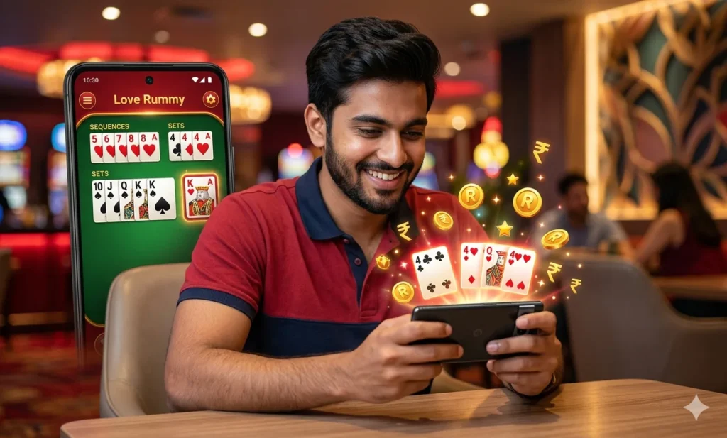 love rummy game app interface with cards sequence and bonus coins on mobile