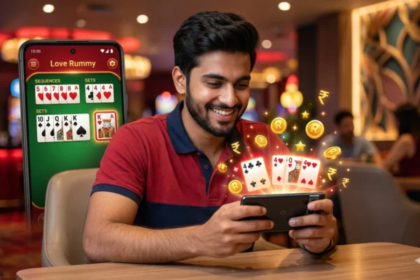 love rummy game app interface with cards sequence and bonus coins on mobile