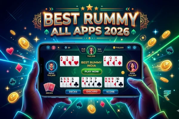 Best rummy all apps 2026 banner showing online rummy game with cards and bonus coins on mobile screen
