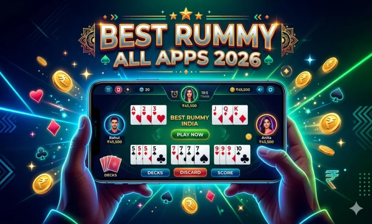 Best rummy all apps 2026 banner showing online rummy game with cards and bonus coins on mobile screen