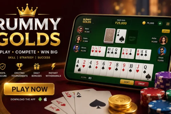 Rummy Golds online rummy game platform displayed on mobile with playing cards, tournaments, rewards, and secure gaming features in 2026.
