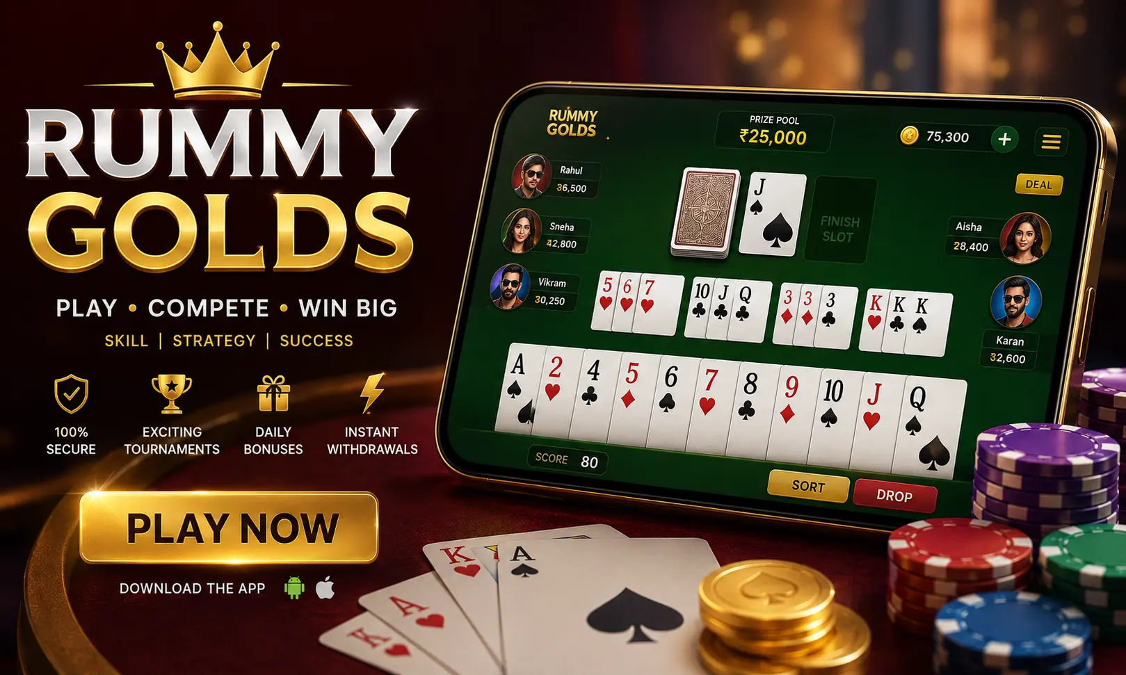 Rummy Golds online rummy game platform displayed on mobile with playing cards, tournaments, rewards, and secure gaming features in 2026.