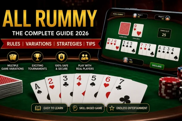 Professional All Rummy guide banner featuring playing cards, online rummy gameplay, game variations, and winning strategies in 2026.