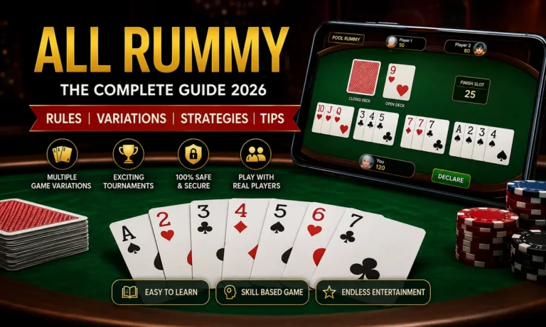 Professional All Rummy guide banner featuring playing cards, online rummy gameplay, game variations, and winning strategies in 2026.