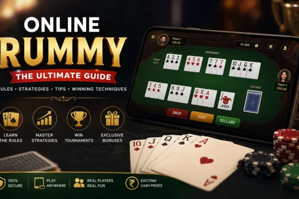 Professional online rummy game guide showing cards, mobile rummy app, winning strategies, tournaments, bonuses, and gameplay tips.