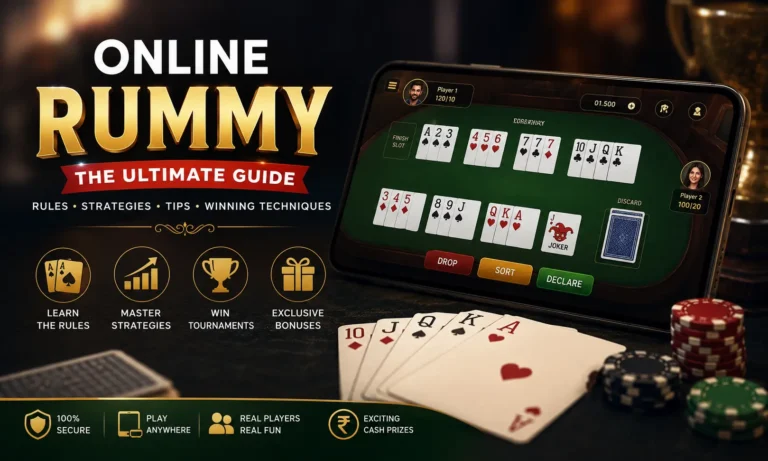 Professional online rummy game guide showing cards, mobile rummy app, winning strategies, tournaments, bonuses, and gameplay tips.