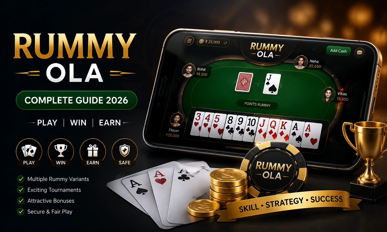 Rummy Ola complete guide showing online rummy gameplay, tournaments, rewards and winning strategies
