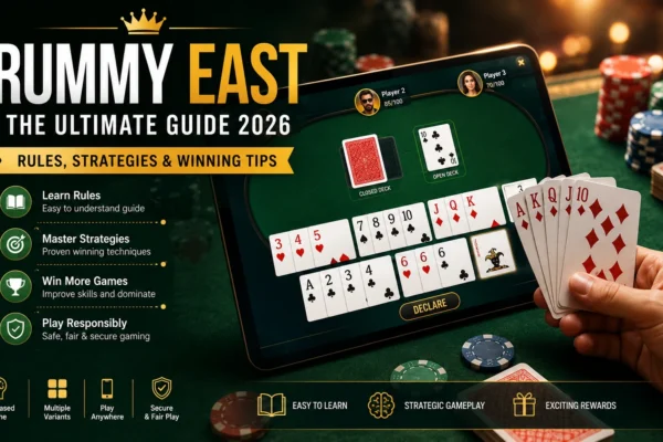 Rummy East ultimate guide showing online rummy gameplay, winning strategies, card sequences, and expert tips for 2026