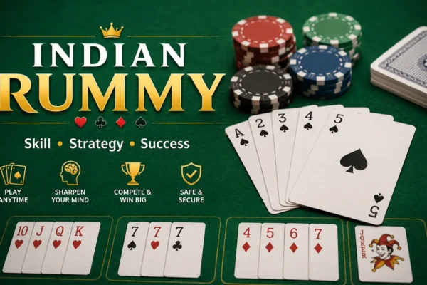 Indian Rummy cards arranged in pure sequence, impure sequence, and set combinations on a professional gaming table