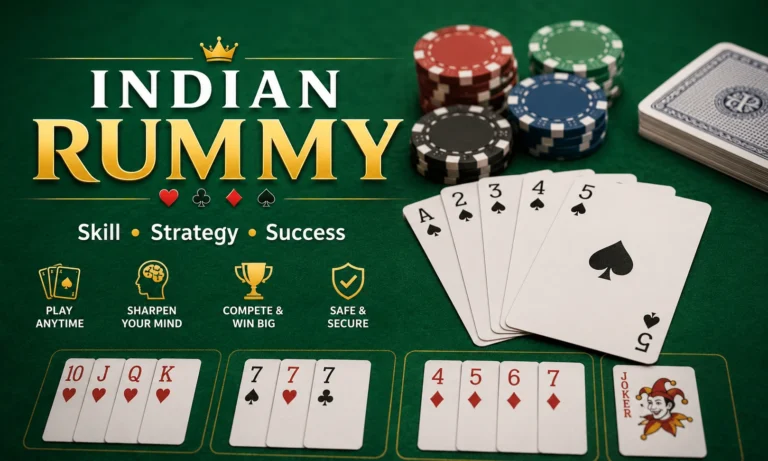 Indian Rummy cards arranged in pure sequence, impure sequence, and set combinations on a professional gaming table
