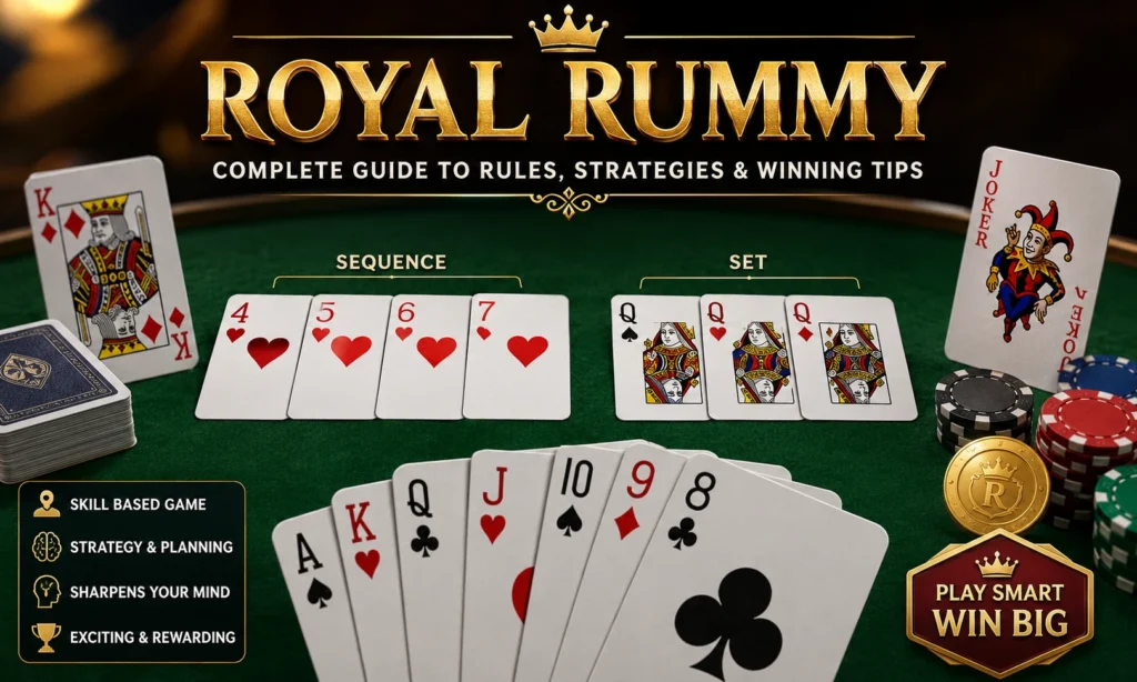 Royal Rummy complete guide showing card sequences, sets, jokers, and professional winning strategies for beginners and experts.