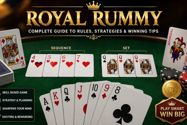 Royal Rummy complete guide showing card sequences, sets, jokers, and professional winning strategies for beginners and experts.