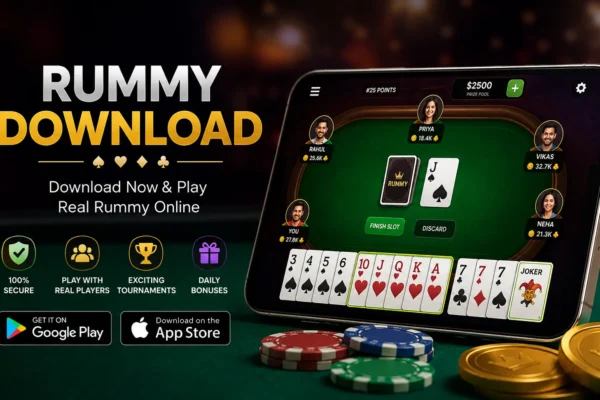 Rummy Download Guide showing online rummy app gameplay on a smartphone with cards and gaming interface
