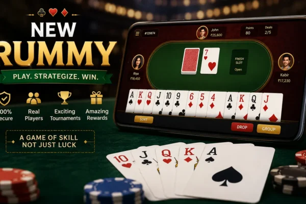 New Rummy online card game interface showing gameplay, winning strategies, tournaments, and skill-based rummy action on mobile.