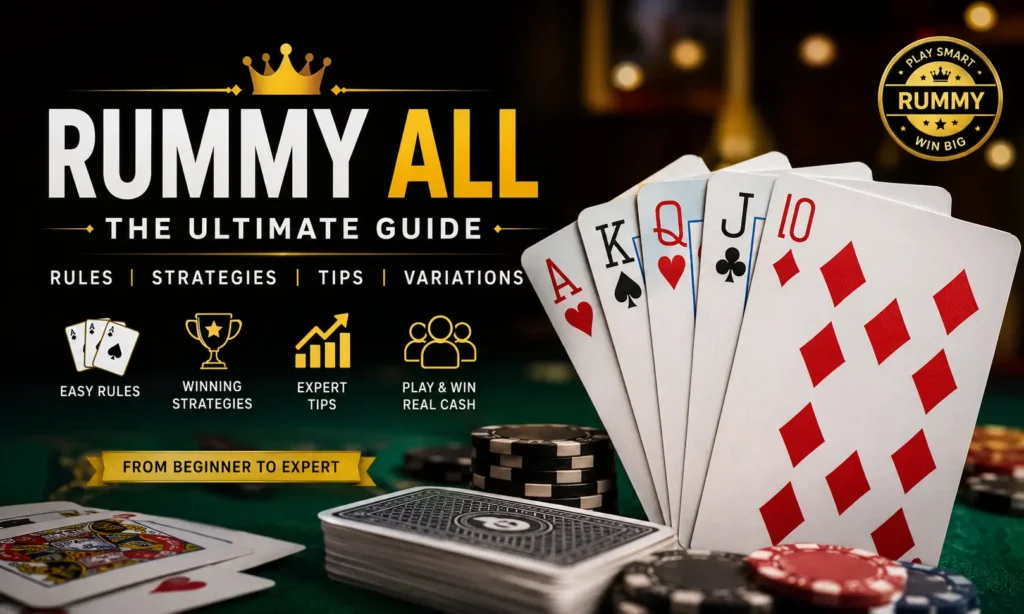 Professional Rummy All guide banner featuring playing cards, winning strategies, game rules, and expert tips for beginners and advanced players.