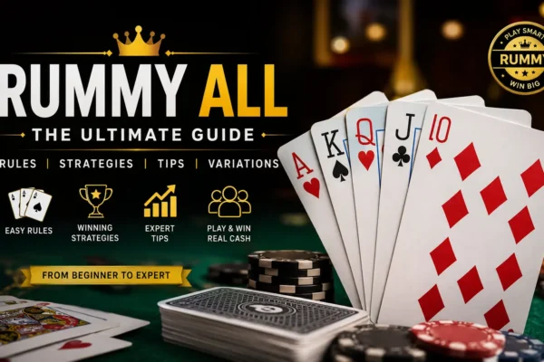 Professional Rummy All guide banner featuring playing cards, winning strategies, game rules, and expert tips for beginners and advanced players.