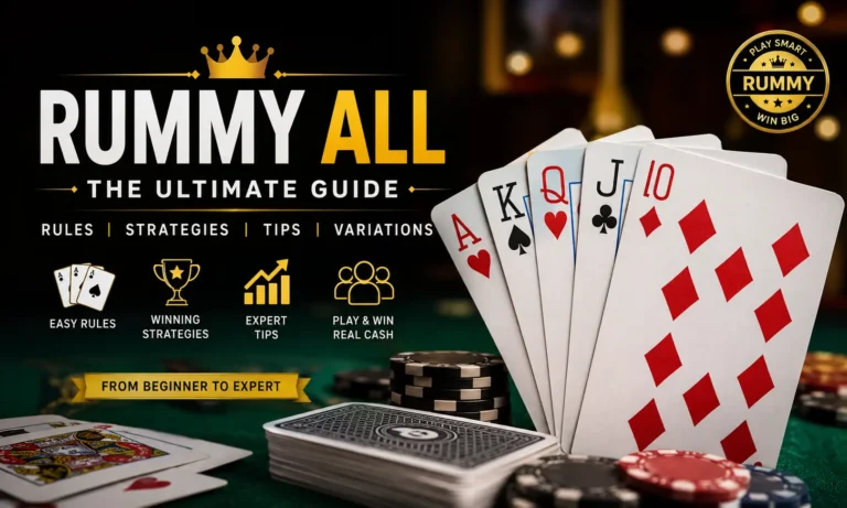 Professional Rummy All guide banner featuring playing cards, winning strategies, game rules, and expert tips for beginners and advanced players.