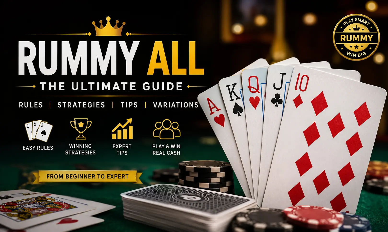Professional Rummy All guide banner featuring playing cards, winning strategies, game rules, and expert tips for beginners and advanced players.